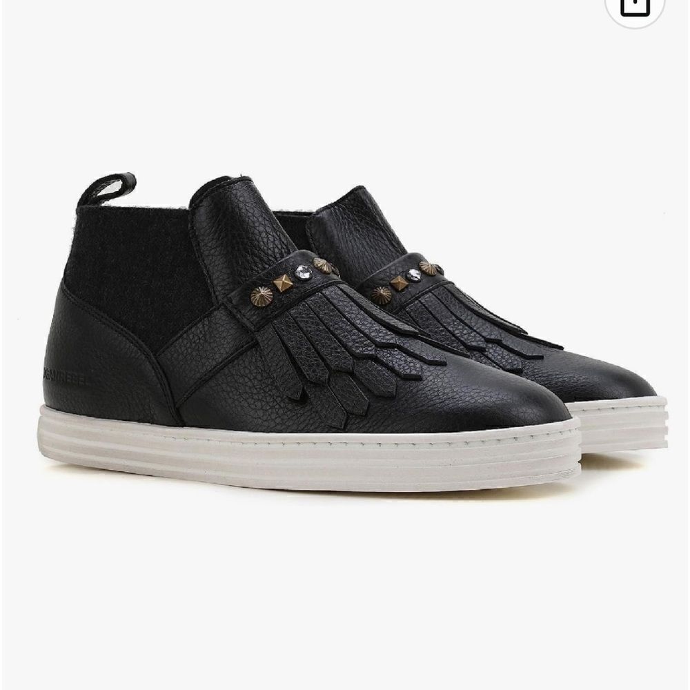 Hogan Black Leather Ankle Sneaker Boots Slip-on Studded with Fringes 37,5 US 7,5
